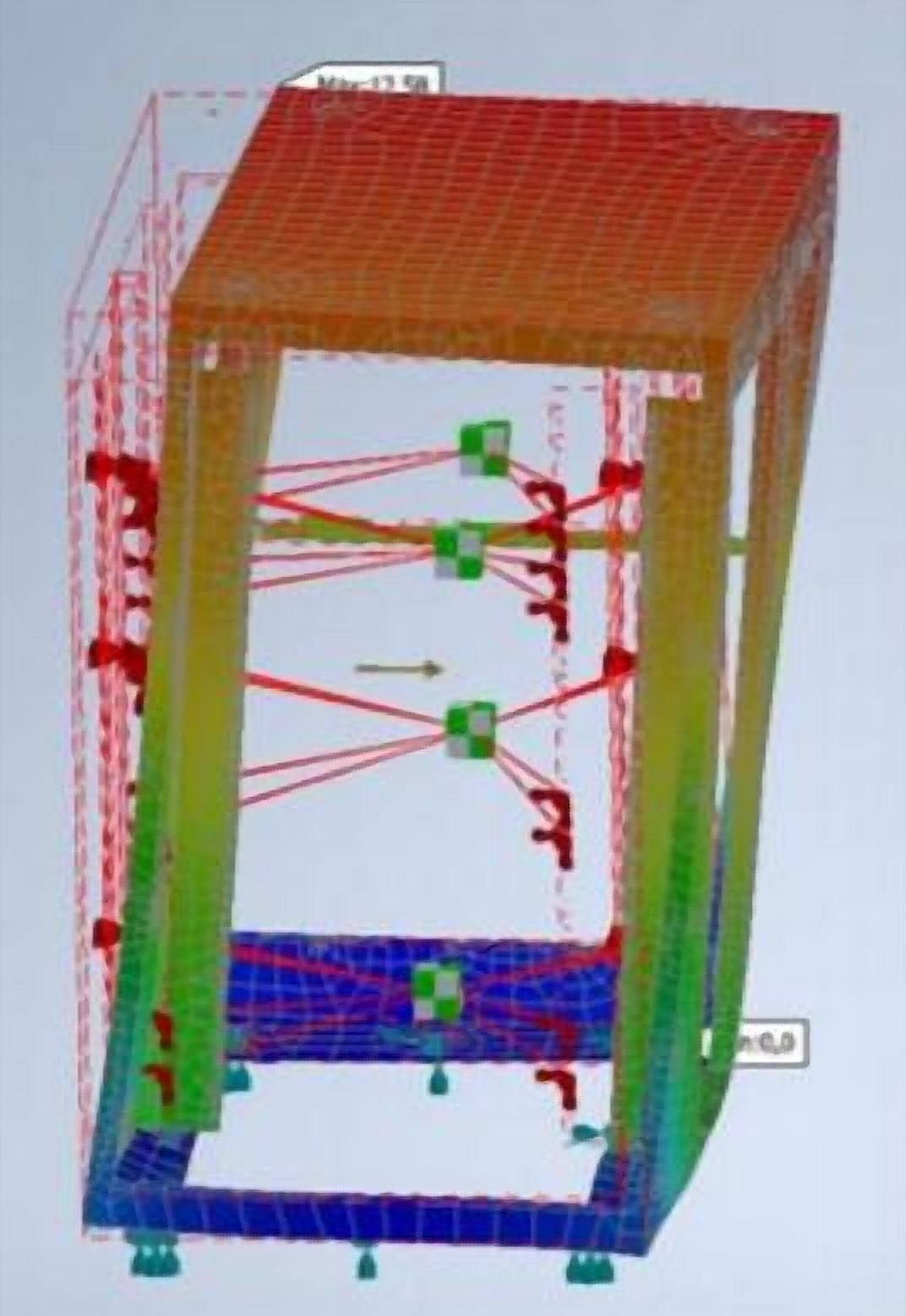 Finite-Elemente-Modell eines Geräteschranks auf elastischer Lagerung mit Spannungsverteilung